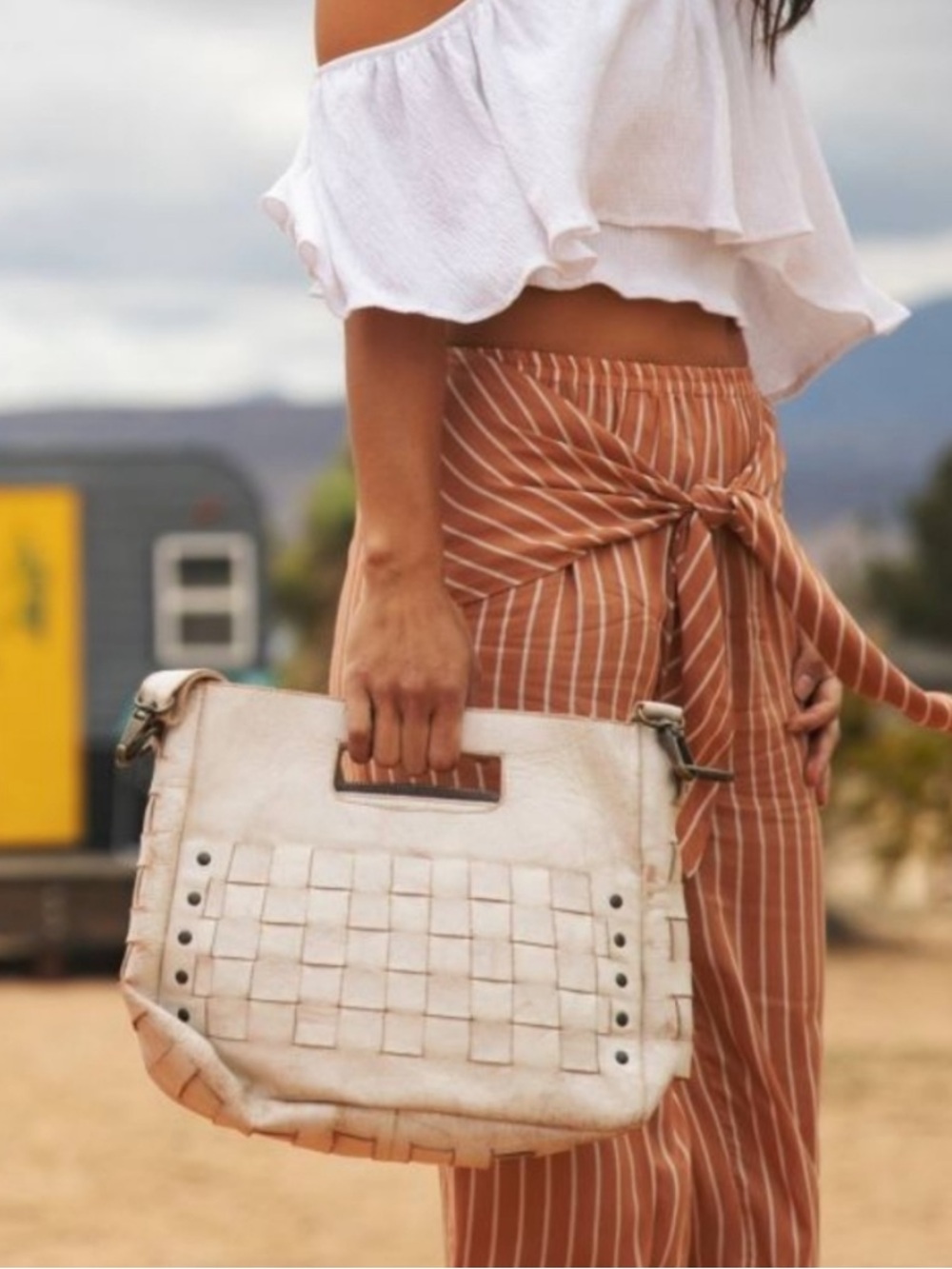 Bed Stu cream woven leather satchel